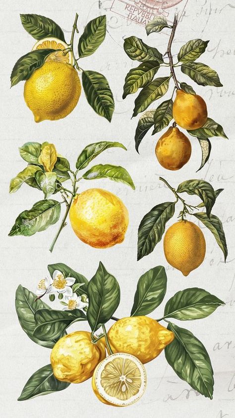 Editable vintage lemon illustration design element set | premium image by rawpixel.com Lemon Botanical Illustration, Lemon Illustration, Lemon Wallpaper, Lemon Drawing, Branch Illustration, Lemon Branch, Botanical Journal, Lemon Plant, Vintage Botanical Illustration