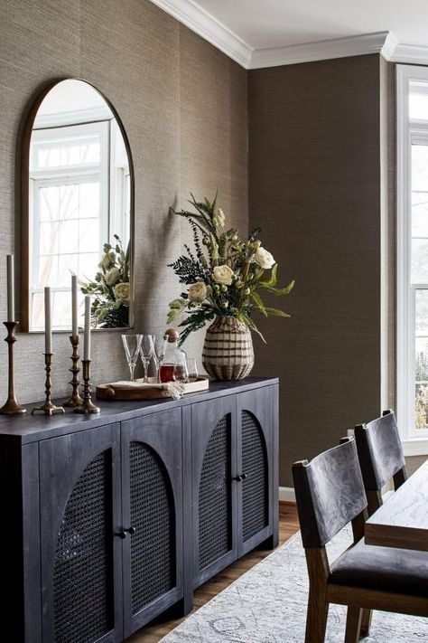 Dining Room Buffet Styling, Neutral Textures, Sideboard Styles, Sideboard Decor, Mirror Dining Room, Transitional Dining Room, Buffet Decor, Dining Room Sideboard, Grey Dining Room