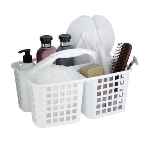 "Shop Simplify White Utility Caddy at Michaels. com. Keep your toiletries or cleaning supplies organized with the Simplify Utility Caddy. Keep%20your%20toiletries%20or%20cleaning%20supplies%20organized%20with%20the%20Simplify%20Utility%20Caddy.%20The%20convenient%20built-in%20handle%20allows%20you%20to%20easily%20transport%20and%20carry%20your%20items.%20The%20open%20hole%20design%20allows%20water%20to%20drain.%20The%203%20compartments%20makes%20this%20great%20for%20organizing%20your%20bath%20pr Shower Caddy College, College Dorm Bathroom, Cleaning Supplies Caddy, Bedside Caddy, Cleaning Caddy, Cleaning Supply Storage, Dorm Supplies, Portable Bathroom, Bathroom Caddy