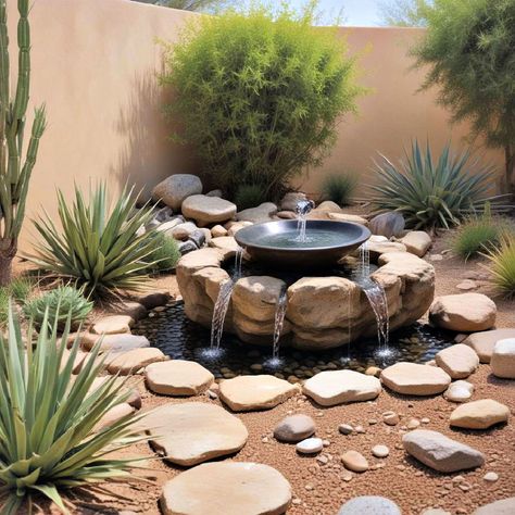 25 Desert Landscaping Ideas for A Stunning Yard Desert Backyard Landscaping Ideas, Sand Front Yard Landscaping, Desert Fountain, Desert Backyard Ideas, Desert Landscaping Front Yard, Desert Landscaping Ideas, Desert Backyard, Desert Climate, Decorative Gravel