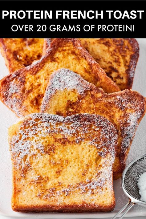 This protein French toast packs in over 20 grams of protein per serving and needs just 6 ingredients to make! Crisp around the edges and soft in the middle, they only take 10 minutes to make. Protein French Toast, Easy Protein Meals, 20 Grams Of Protein, High Protein Breakfast Recipes, Protein Baking, Protein Dinner, Healthy Protein Snacks, Protein Packed Meals, Healthy High Protein Meals