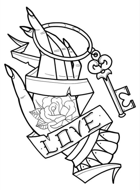 Coffin Drawings Cute, Free Printable Tattoo Coloring Pages For Adults, Tattoo Outline Drawing Stencil Ideas Easy, Tattoo Coloring Pages, Skull Coloring Pages, Tattoo Outline Drawing, Tattoo Zeichnungen, Love Coloring Pages, Words Coloring Book