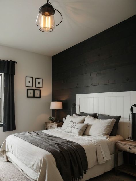 Black Wooden Accent Wall Bedroom, Wood Plank Wall Behind Bed, Farmhouse Bedroom With Black Accent Wall, Black Accent Wall Behind Bed, Bedroom Charcoal Accent Wall, Black Shiplap Accent Wall Bedroom, Dark Board And Batten Wall Bedroom, Bedroom Inspirations Master Black Accent Wall, Black Wood Accent Wall Bedroom