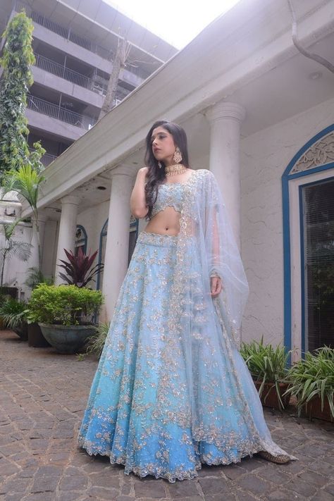 Blue Ombre Lehenga, Lehenga For Bride's Sister Indian, Lehenga For Bride's Sister, Blue Pakistani Dress, Ombre Lehenga, Sharara Saree, Marriage Clothes, Digital Marketing Courses, Zardozi Work