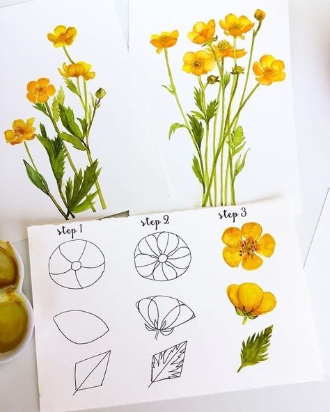 Gouache Techniques, Learn Watercolor Painting, Flower Drawing Tutorials, Watercolor Flowers Tutorial, Flower Art Drawing, Cat Air, Floral Drawing, Seni Cat Air, Watercolor Flower Art