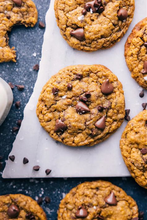 Pumpkin Chocolate Chip Cookies Easy, Pumpkin Oatmeal Chocolate Chip, Pumpkin Oatmeal Chocolate Chip Cookies, Pumpkin Cookies Healthy, Pumpkin Oatmeal Cookies, Chelsea's Messy Apron, Pumpkin Cookie Recipe, Cookies Healthy, Cookie Pizza