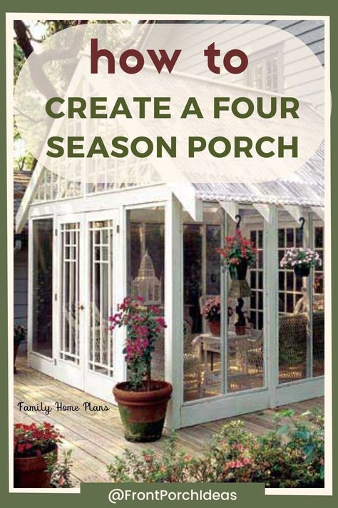 This post will tell you all about creating a porch that you can enjoy during any season. Create a four season sunroom that will be useful year round. Enjoy your porch during the winter or summer with our best tips to create a 4 seasons sunroom from your existing porch! 4 Seasons Sunroom, Porch To Sunroom Conversion, Three Season Porch Ideas, Glassed In Porches, 4 Season Porch, Porch To Sunroom, Four Season Room, All Season Porch, Enclosed Patio Ideas