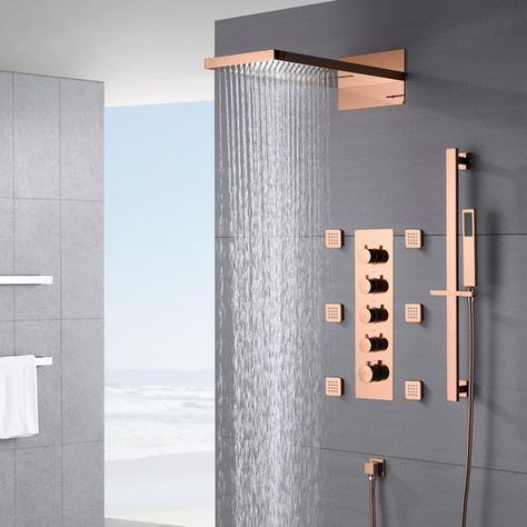 Rose Gold shower faucet– wonderland shower inc Gold Faucet Bathroom, Gold Faucet, Rain Head, Copper Bathroom, Waterfall Shower, Gold Shower, Gold Ceiling, Shower Holder, Shower Faucet Sets