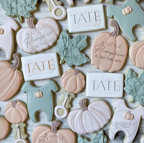 A Little Pumpkin Is On The Way Cookies, Fall Baby Shower Cookies, Pumpkin Baby Shower Cookies, Tates Cookies, Buttercream Cookies, Special Cookies, Pumpkin 1st Birthdays, Pumpkin Sugar Cookies, Cookies Theme