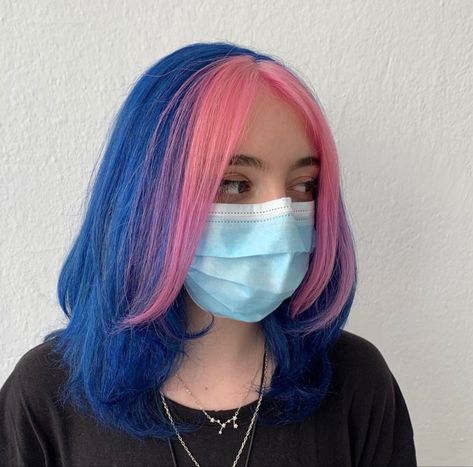 Blue Hair With Pink Money Piece, Blue Hair Pink Bangs, Blue Hair Pink Tips, Pink And Blue Dyed Hair, Black Blue And Pink Hair, Pink And Blue Short Hair, Blue Hair With Pink Highlights, Dark Blue And Pink Hair, Blue And Pink Hair Ideas