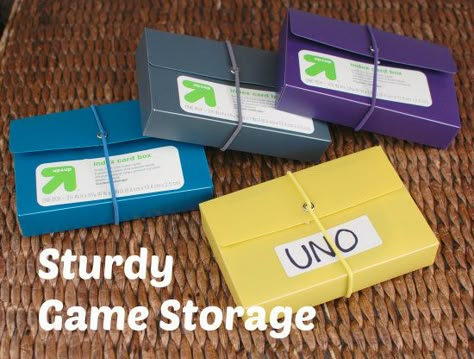 Sturdy Game Storage | Yankeehomestead.com -- Use index card boxes to store card games! Uno Card Storage, Playing Card Storage Ideas, Game Storage Ideas, Uno Card, Organization Station, Game Organization, Game Storage, Index Card, Organized Chaos