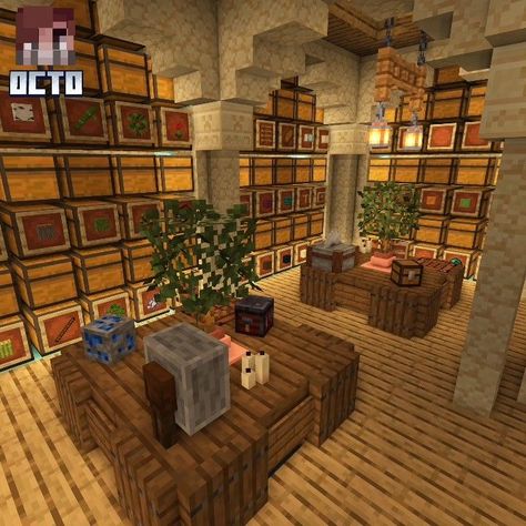 Minecraft Simple Storage Room, Minecraft Spruce Interior Design, Work Room Minecraft, Mc Storage Room Ideas, Chest Wall Minecraft, Minecraft Chest Room Exterior, Mincraft Idea Basement, Map Room Minecraft Ideas, Minecraft Ball Room Ideas