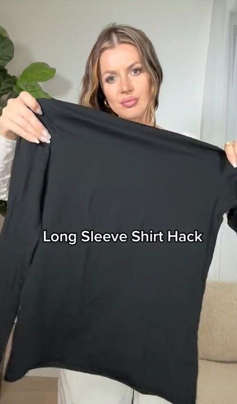 How To Wear Long Sleeve Shirts, Ways To Style Long Sleeve Shirt, How To Make A Long Sleeve Shirt Cute, Ways To Wear A Long Sleeve Shirt, Long Sleeve Shirt Hacks, Long Tshirt Hack, How To Style A Long Sleeve Shirt, Shirt Too Long Hack, How To Style Long Sleeve Shirts