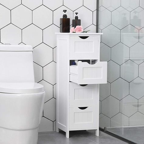 This boasts a charming, rustic design in neutral, easy-to-style white colour. Thanks to its minimalist shape it can be appealing, but also a practical complement to your bathroom. The sturdy and resilient MDF board construction in classy matt finish makes the 4 drawer Bathroom Storage Unit easy to clean and resistant to humidity, which is very important when it comes to bathroom furniture. Most importantly, features plenty of storage space offered by its four capacious drawers, which can house a Slim Storage Cabinet, Bathroom Floor Storage Cabinet, Standing Cabinet, Bathroom Standing Cabinet, Bathroom Floor Storage, Free Standing Cabinets, Narrow Cabinet, Bathroom Floor Cabinets, Bath Cabinets