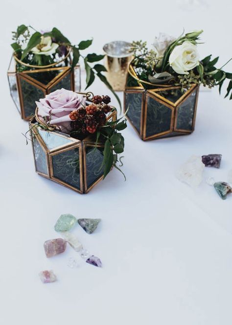 Mini terrariums | Jojo Pangilinan Photographers Crystal Themed Wedding, Geometric Terrarium Wedding, Geometric Wedding Decor, Terrarium Gifts, Terrarium Centerpiece, Terrarium Wedding, Geode Wedding, Mini Terrarium, Geometric Terrarium