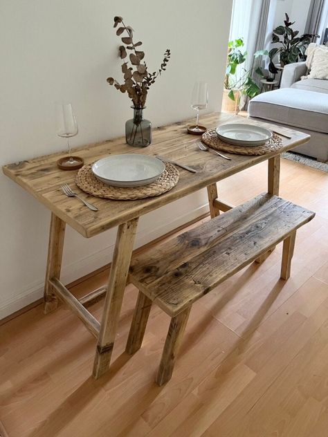 Rustic dining table and bench handmade from locally sourced reclaimed pine wood with wooden A Frame legs. The table is approx 74cm in height with the height of the bench 43cm. Item pictured measures 130x70cm. If the length/width dimensions you require are not listed please get in contact for a custom quote.  The bench will be made shorter to allow this to fit under the table when not in use. Please let us know if you do not require this. The standard bench depth will be approx 44cm , please stat Wooden Bench Table, Dining Table And Bench, Kitchen Table Bench, Small Kitchen Tables, Wood Farmhouse, Bench Set, Small Dining Table, Dining Table With Bench, Reclaimed Pine