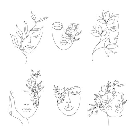 Abstract women face line art design with... | Premium Vector #Freepik #vector #girl-line #face-drawing #face-line #face-outline Drawings Of Women, Small Girly Tattoos, Abstract Tattoo Designs, Face Line Art, Face Line Drawing, Birth Flower Tattoos, Women Face, Line Art Tattoos, Line Work Tattoo