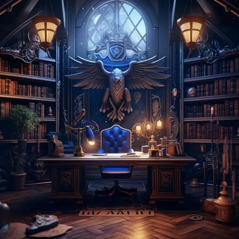 Ravenclaw Common Room Art, Magic Study Room, Harry Potter Study Room, Hogwarts Office, Ravenclaw Study, Harry Potter Inspired Room, Wizard Room, Magic Library, Shadow Magic