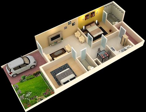 Foundation Dezin & Decor...: 3D Home Plans 2 Bhk House Plan India, 2bhk House Plan India, 15x40 House Plans 3d, 3d House Plans 2bedroom, 15x40 House Plans, Home Plans Indian, 1 Bhk House Plan, 2 Bhk House Design, Home Design Plans Indian