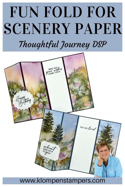 Transform your favorite scenery paper into stunning cards with this easy layout. Use Thoughtful Journey DSP and Unbound Love Bundle for beautiful, versatile results. #CardMakingTips #SceneryPaper #StampinUpProjects Stampin Up Cards Using Designer Series Paper, Thoughtful Journey Su Cards, Fun Fold Cards Tutorials Cardmaking, Su Meandering Meadows Cards, Su Thoughtful Journey Dsp, Stampin Up Fancy Fold Cards Tutorials, Stampin Up Thoughtful Wishes, Stampin Up Thoughtful Journey Dsp, Thoughtful Journey Dsp Stampin Up Cards