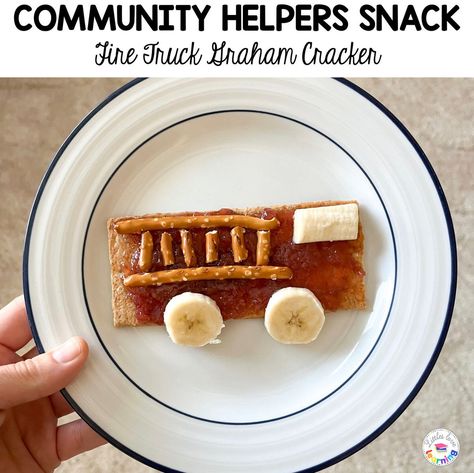 Community Helpers Food Craft, Community Helper Themed Snacks, Community Helpers Preschool Snacks, Fire Truck Graham Cracker Snack, Pre K Snacks Ideas Preschool, Graham Cracker Fire Truck, Pre K Cooking Activities, Fire Safety Food Ideas, Fire Truck Food Ideas