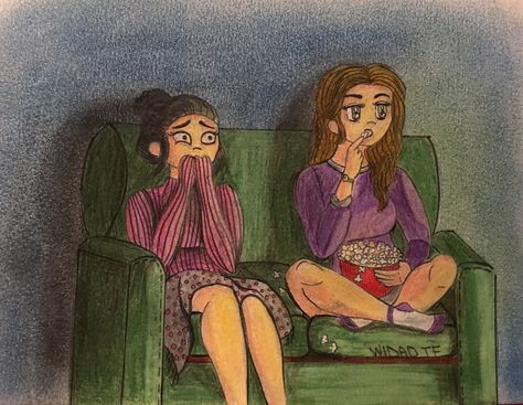 " watching late night horror movies " -Widad TF art Watching Horror Movies, Film Night, Scary Movie, Late Night, Movie Night, Horror Movies, Illustrations, Film, Drawings