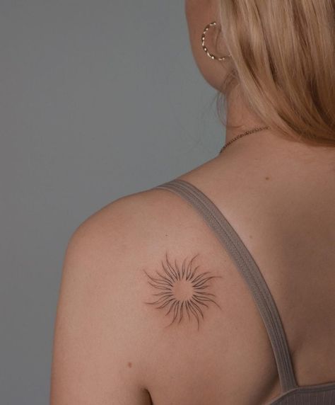 Sun Tattoo Ideas: 30+ Examples, Meaning & Top Designs - 100 Tattoos Sunshine On My Shoulders Tattoo, Beautiful Sun Tattoo, Sun Tattoo Shoulder For Women, Sun Tattoo On Thigh, Sun Inspired Tattoo, Sun Tattoo Neck, Sun Neck Tattoo, Watercolor Sun Tattoo, Tatoos Sun