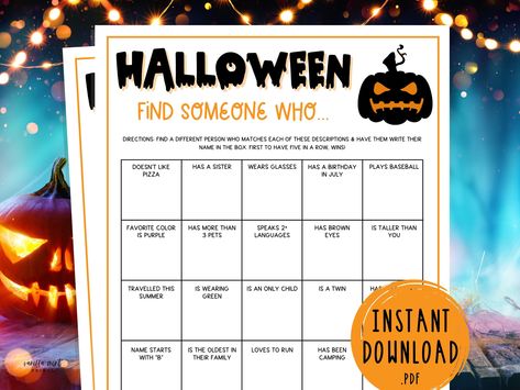 Halloween Find Someone Who Party Game Halloween Bingo Find The Guest Bingo Human Bingo Mix and Mingle Adult Scavenger Hunt Ice Breaker Games by VanillaMintPrints on Etsy Adult Ice Breakers, Halloween Party Games For Kids, Human Bingo, Find The Guest Bingo, Adult Scavenger Hunt, Guest Bingo, Halloween Villain, Spooky Games, Fun Halloween Games