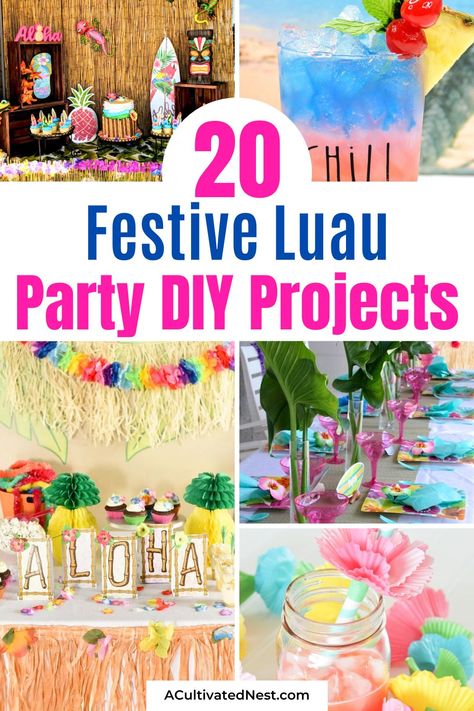 20 Fun Luau Party DIYs- Bring the Aloha spirit to your next party with these fun luau party DIY ideas! Create beautifully themed decorations, unique invitations, and delicious island-inspired foods. Perfect for any summer party, these DIYs will make your luau unforgettable! | #PartyDIY #LuauParty #summerParty #summerCrafts #ACultivatedNest Luau Party Crafts For Kids, Luau Diy Decorations, Tropical Decorations Party, Tiki Bar Ideas For Party, Island Theme Party Decorations, Diy Hawaiian Party Decorations, Luau Centerpiece Ideas, Luau Party Ideas Decorations, Diy Luau Decorations