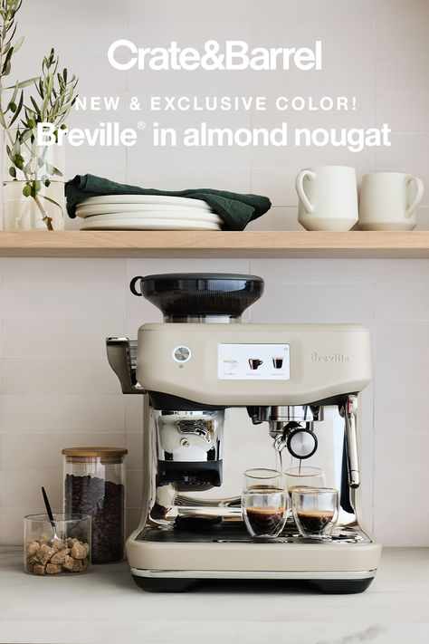 Shop the latest color from Breville: the new neutral, Almond Nougat. Choose this calming color for your espresso aesthetic, and add it to your moodboard of coffee bar ideas. It’s only available at Crate. Coffee Bars In Kitchen, Kitchen Dinning, Kitchen Items, Coffee Machine, Kitchen Stuff, First Home, House Inspo, Coffee Bar, Home Decor Kitchen