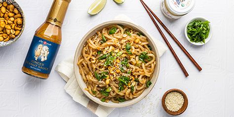 Ginger Sesame Noodles - The Ginger People US Ginger Peanut Sauce, Ginger People, Sesame Noodles Recipe, Cold Sesame Noodles, Seasoned Rice Vinegar, Noodle Recipes Easy, Sesame Noodles, Seasoned Rice, Noodles Recipe