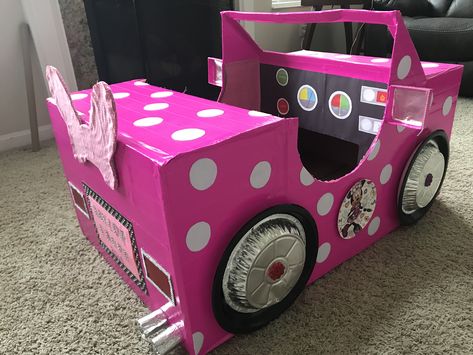 Made this Minnie Car out of a cardboard box for our Granddaughters Kindergarten Drive-In-Movie Diy Box Cars For Kids, Cardboard Box Car Ideas For Kids, Diy Cardboard Car, Cardboard Box Car Movie Night, Drive In Cardboard Cars, Cardboard Cars For Kids Drive In, Cardboard Box Drive In Movie Car, Cardboard Box Toy Car Garage, Disney Cars Cardboard Box Car