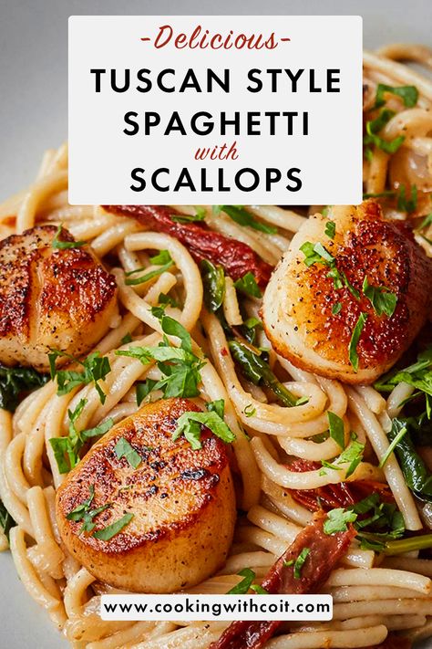 Scallop Tomato Pasta, Creamy Tuscan Spaghetti With Jumbo Scallops, Scallop Sundried Tomato Pasta, Tuscan Butter Scallops, Scallops And Pasta Healthy, Dairy Free Scallop Recipes, Creamy Tuscan Spaghetti With Scallops, Scallop Pasta Recipe Healthy, Scallops And Spaghetti