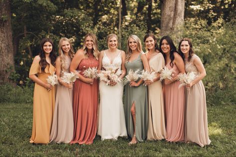 All Different Colored Bridesmaid Dresses, Bridesmaid Pallet Colour Palettes, Brides Maids Different Colored Dresses, Different Color Brides Maids Dresses, Bridesmaids Multiple Colors, Mixed Bridal Party Dresses, Earth Bridesmaid Dresses, August Wedding Colors Bridesmaid Dress, Different Color Dresses Bridesmaids