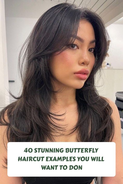 Wispy Butterfly Haircut with Curtain Bangs #haircuts Bangs With Butterfly Haircut, Butterfly Layers With Bangs, Short Wispy Curtain Bangs, Butterfly Haircut Round Face, Wispy Haircut, Butterfly Haircut With Curtain Bangs, Best Haircuts Women, Butterfly Bangs, Current Haircuts