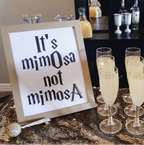 Hp Bachelorette Party, Bachelorette Party Themes Harry Potter, Harry Potter Themed Wedding Dress Bridesmaid, Harry Potter Theme 30th Birthday, Hp Wedding Ideas, Harry Potter Themed Hen Party, Funny Party Ideas For Adults, Its Mimosa Not Mimosa Harry Potter, Brid Shower Ideas