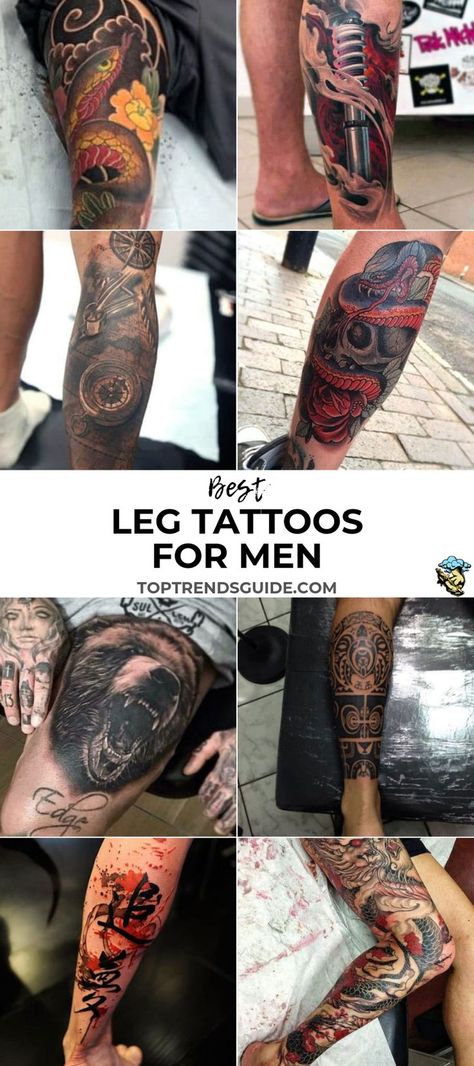 Best Leg Tattoos For Men: Cool Leg Tattoo Designs and Ideas For Guys - Badass Thigh, Calf, Feet, Shin, Upper and Lower Leg Tattoos #tattoos #tattoosforguys #tattoosformen #tattooideas #tattoodesigns Tatoos Men Leg Calves, Tattooed Sleeve, Punk Tattoo Ideas, Jay Tattoo, Leg Tattoo Designs, Tattoo Calf, Leg Tattoos For Men, Upper Leg Tattoos, Best Leg Tattoos