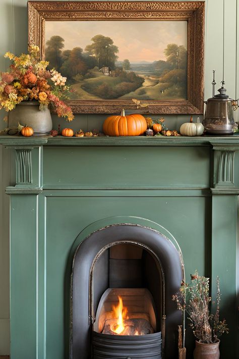 21 Cozy Fall Decor Ideas * Autumn Decorating | Montana Happy English Country Fall Decor, English Cottage Fall Decor, Cottagecore Fireplace, Green Mantle, Autumn Decorating Ideas, English Fireplace, Country Autumn, Ideas For Autumn, Fall Cottage