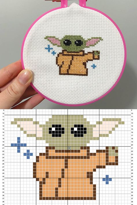 The top half is a photo of completed Baby Yoda cross stitch in a hoop and the bottom half is the Baby Yoda pattern. Grogu Cross Stitch Pattern, Cross Stitch Patterns Star Wars, Baby Yoda Ornaments Diy, Starwars Cross Stitch, Baby Yoda Cross Stitch, Yoda Cross Stitch, Baby Yoda Pattern, Star Wars Cross Stitch, Baby Cross Stitch Patterns