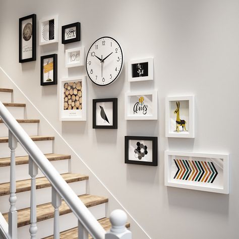 Gallery Wall Mixed Frames, Gallery Wall Black Frames, Stairs Wall Decor Ideas, Picture Wall Layout, Stairs Wall Design, Staircase Wall Design, Staircase Frames, Stair Wall Decor, Modern Staircase Design