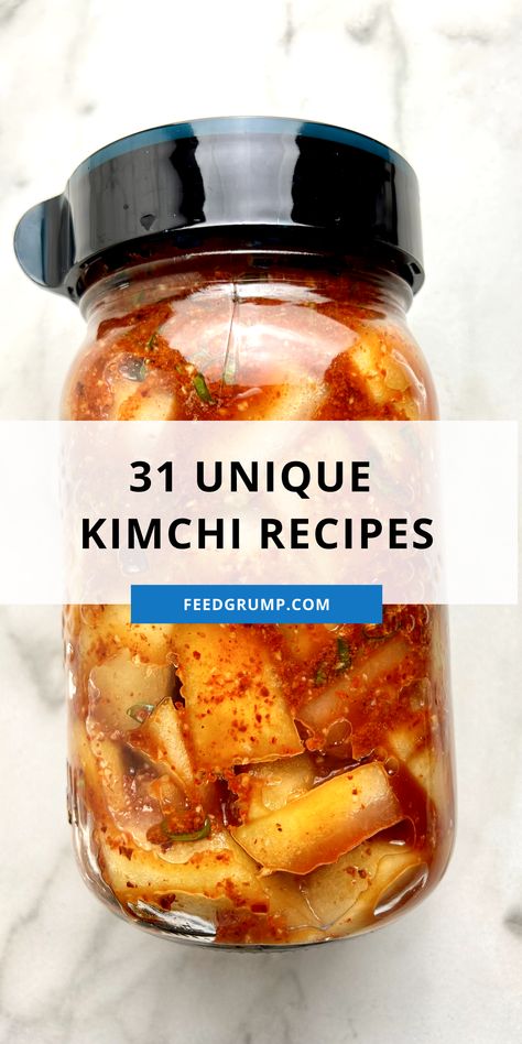 jar of kimchi Kim Chee Recipes, Fermented Kimchi Recipe, Apple Kimchi Recipe, Different Types Of Kimchi, Types Of Kimchi, Korean Fermented Foods, Cucumber Kimchi Recipe Korean, Red Cabbage Kimchi Recipe, Fruit Kimchi