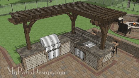 Outdoor Kitchen with Pergola Design B48-160121-HC | MyPatioDesign.com Pergola Diy, Kitchen Plan, Adirondack Furniture, Cedar Pergola, Outdoor Kitchen Bars, Outdoor Kitchen Plans, Patio Pergola, Grill Area, Outdoor Remodel