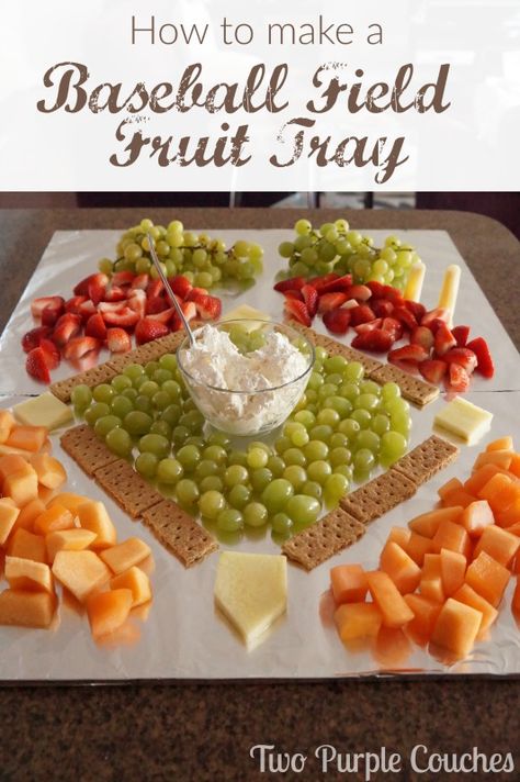 Wow your guests with this fun and clever baseball field fruit tray. Perfect for a sports themed birthday party or baby shower! Baby Shower Baseball Theme, Softball Birthday Party Ideas, Kickball Party, Purple Couches, Fruit Platter Ideas, Fruit Tray Ideas, Sports Party Food, Softball Birthday, Baby Shower Party Food