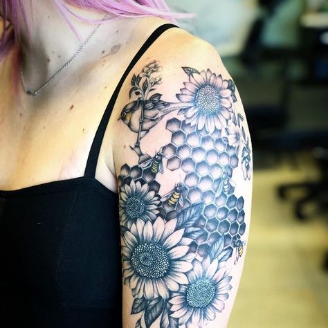 Negative Space Honeycomb Tattoo, Black And White Honeycomb Tattoo, Sunflower Honeycomb Tattoo, Honeycomb Background Tattoo, Honey Comb And Flower Tattoo Sleeve, Flower And Bee Tattoo Half Sleeves, Honey Comb Floral Tattoo, Bee Hive Tattoo Sleeve, Honeycomb Tattoo Sleeve Filler