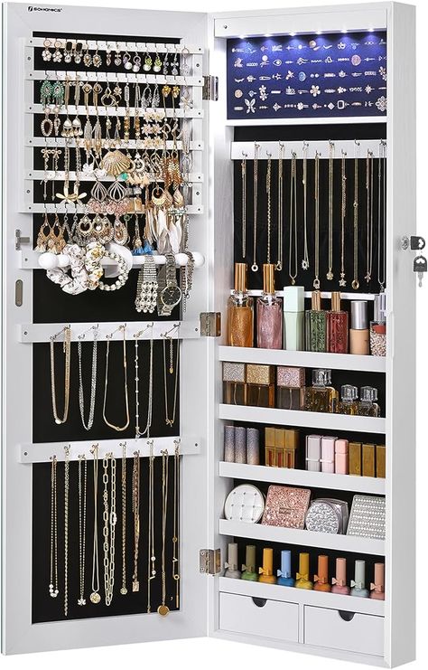 Amazon.com: SONGMICS 6 LEDs Mirror Jewelry Cabinet, 42.5-Inch Tall Lockable Wall or Door Mounted Jewelry Armoire Organizer with Mirror, 2 Drawers, 3.7 x 14.6 x 42.5 Inches, White UJJC99WT : Clothing, Shoes & Jewelry Jewelry Organizer With Lock, Redecorate Room, Jewelry Storage Wall, Jewelry Table Display, Dark Green Living Room, Home Library Decor, Wall Mounted Jewelry Armoire, Hacienda Homes, Mounted Cabinet