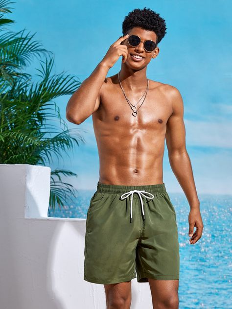 Army Green Vacation   Polyester Plain Bottoms  Non-Stretch  Men Swimwear Male Swimwear Aesthetic, Men’s Bathing Suits, Men Bathing Suits, Bathing Suits Men, Boyfriend Clothes, Male Swimwear, Summer Era, Sims Aesthetic, Swimsuit For Men