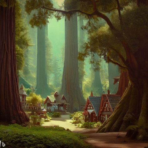 Town Surrounded By Forest, Fae Village, Village In The Woods, Dnd Reference, Hidden Village, Woods Home, Gnome Village, Forest Village, Amber Tree