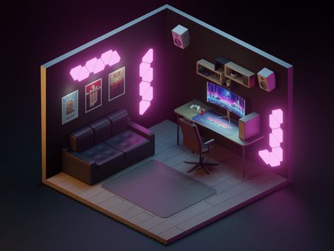 ArtStation - Isometric Gaming Room, Vladimir Glukhoded Gaming Room Drawing, Isometric Room Design, Isometric Gaming Room, Gaming Room Isometric, Isometric Room Reference, Blender Architecture, Isometric 3d Room, Low Poly Isometric Room, Design My Room