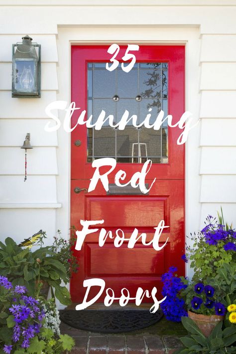 Red Front Door With Black Trim, Burgundy Front Doors, Red Front Doors Farmhouse, Red Door Porch Decor, Red Door Front Porch Decorating Ideas, Fabulous Front Doors, Bright Red Front Door, Best Red For Front Door, Behr Red Paint Colors Front Doors