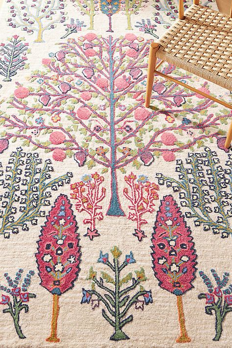 Handcrafted of cosy wool, this plush rug inspires serenity wherever you place it. Rugs Cottagecore, Cottage Core Rug, Whimsical Rug, Cottagecore Rug, Sisters Bedroom, Colourful Rugs, Cottagecore Living, Pink Lounge, Cottage Rugs